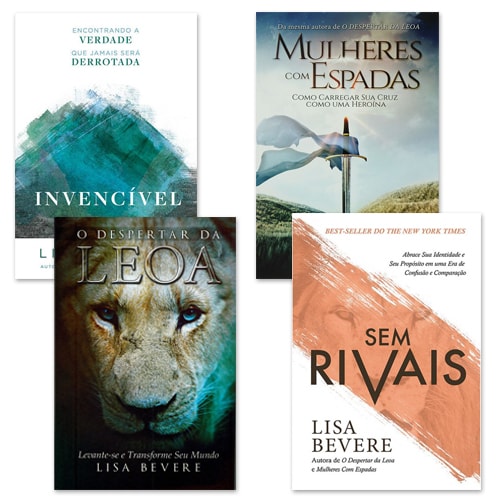 Kit Lisa Bevere Modeladas com quatro livros de capa comum: 'Invencível', 'Mulheres com Espadas', 'O Despertar da Leoa' e 'Sem Rivais'. — Plenitude