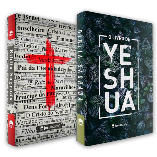 Kit Jesus Copy | Bíblia Yeshua e Bíblia Cruz, com duas bíblias de capa dura, uma branca e uma verde, com ilustrações. — Plenitude