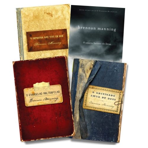 Kit de 4 livros de Brennan Manning, com capas em tons de bege, preto, vermelho e azul, com aspecto envelhecido. — Plenitude