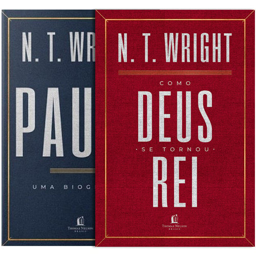 Kit de Livros N. T. Wright, com capas nas cores azul marinho e vermelho. — Plenitude