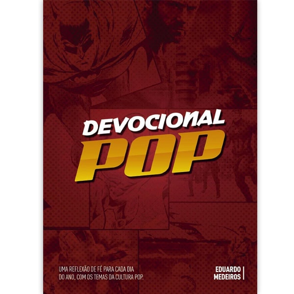Livro Devocional Pop, de Eduardo Medeiros, capa brochura vermelha com ilustrações de quadrinhos. — Plenitude