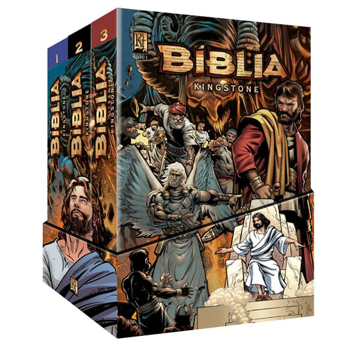 Bíblia Kingstone, A Bíblia Completa em Quadrinhos, conjunto de 3 volumes com ilustrações de cenas bíblicas. — Plenitude