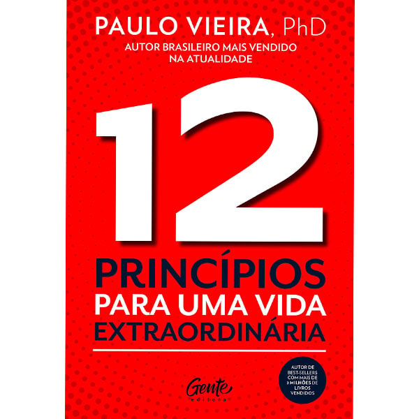 Livro "12 Princípios Para uma Vida Extraordinária" de Paulo Vieira, capa vermelha com número 12 em branco. — Plenitude