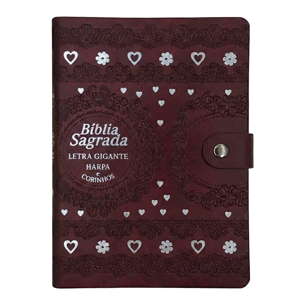 Bíblia Sagrada Carteira Grande, ARC, Letra Gigante, Harpa e Corinhos, capa bordô com detalhes florais e corações prateados, fecho — Plenitude