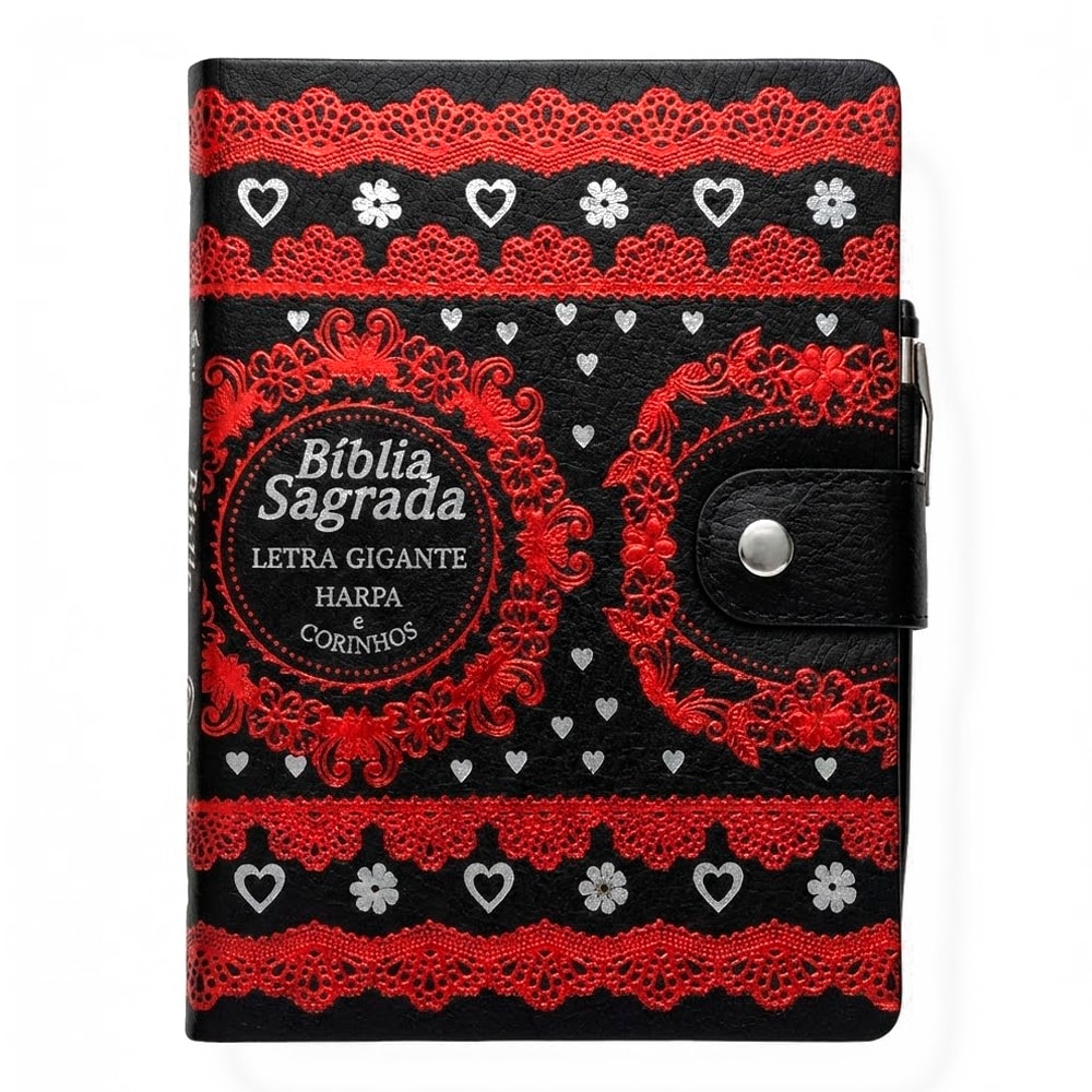 Bíblia Sagrada Carteira Grande ARC, capa preta com detalhes em renda vermelha e fecho. — Plenitude