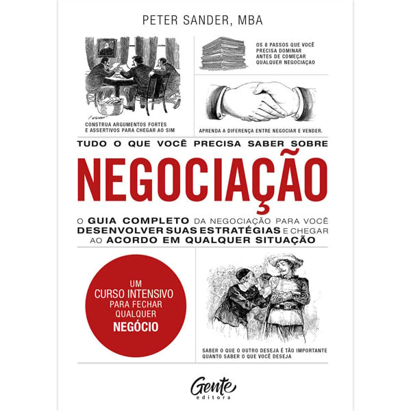 Livro de capa comum, "Tudo o Que Você Precisa Saber sobre Negociação" de Peter Sander, com fundo branco e ilustrações. — Plenitude