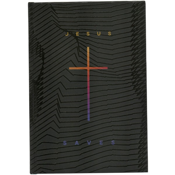 Caderno Tipo Moleskine "Jesus Saves", capa preta com cruz colorida e linhas em relevo. — Plenitude