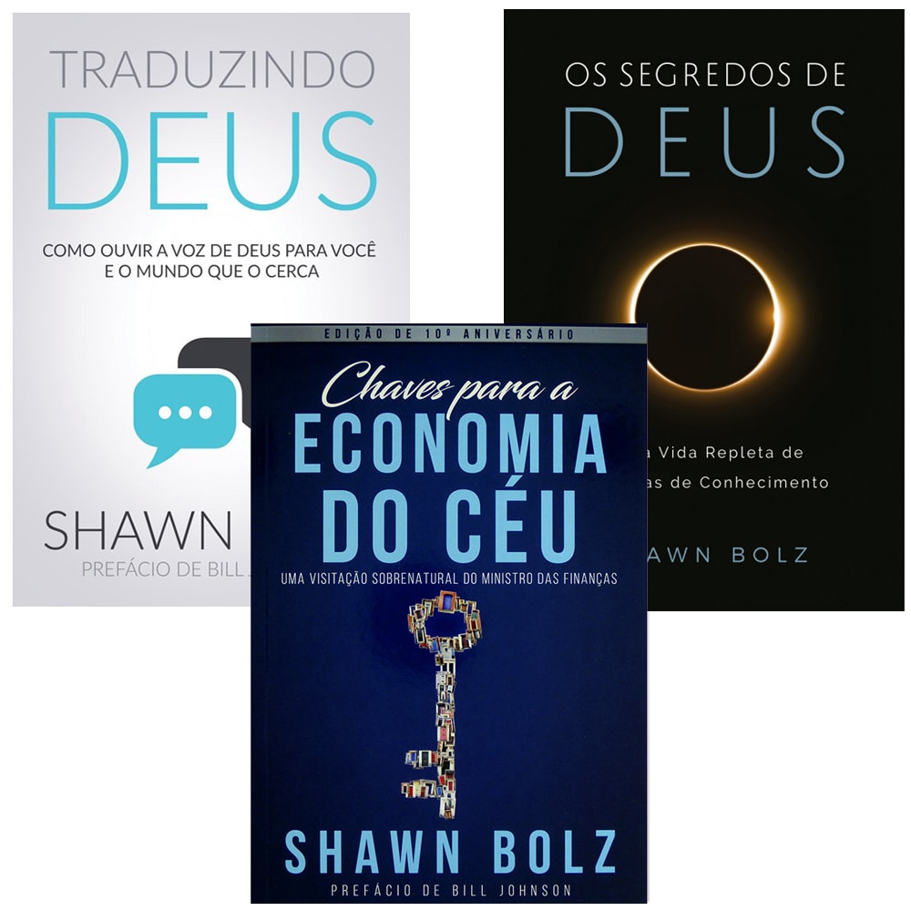 Kit de 3 Livros Shawn Bolz, com capas nas cores branco, azul e preto. — Plenitude