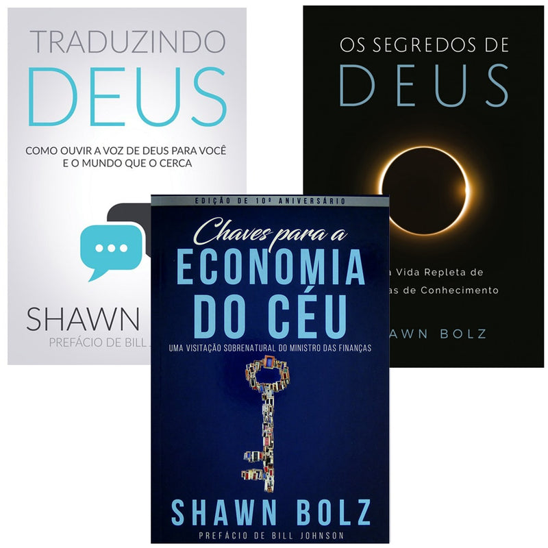 Kit de 3 Livros Shawn Bolz, com capas nas cores branco, azul e preto. — Plenitude