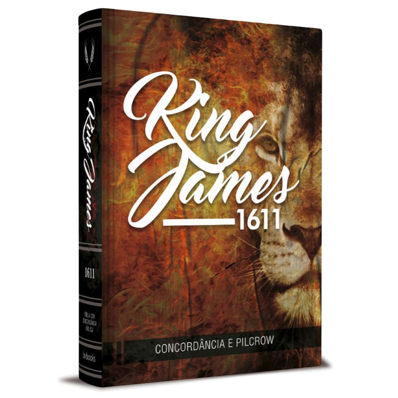 Bíblia King James 1611, capa dura com leão em tons de fogo, detalhes em preto na lombada. — Plenitude