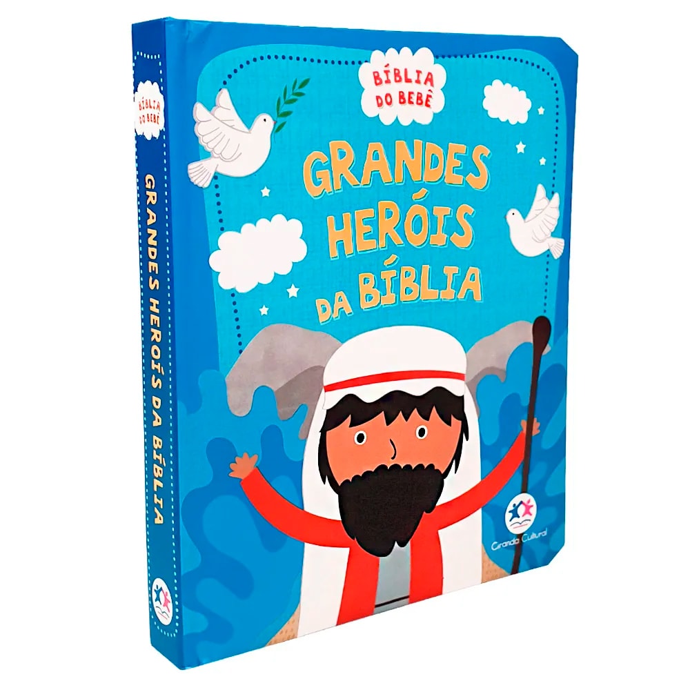 Livro Grandes Heróis da Bíblia, da Bíblia do Bebê, capa almofadada azul com ilustração de Moisés. — Plenitude