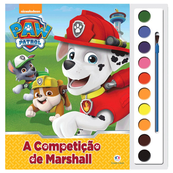 Livro com aquarela "Patrulha Canina A Competição de Marshall" com capa colorida e personagens do desenho. — Plenitude