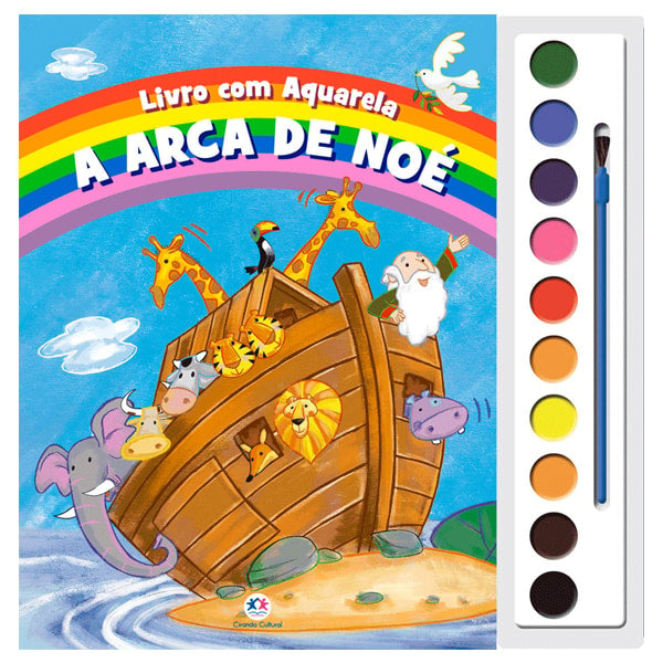 Livro com aquarela: A Arca de Noé, capa colorida com animais e paleta de tintas. — Plenitude