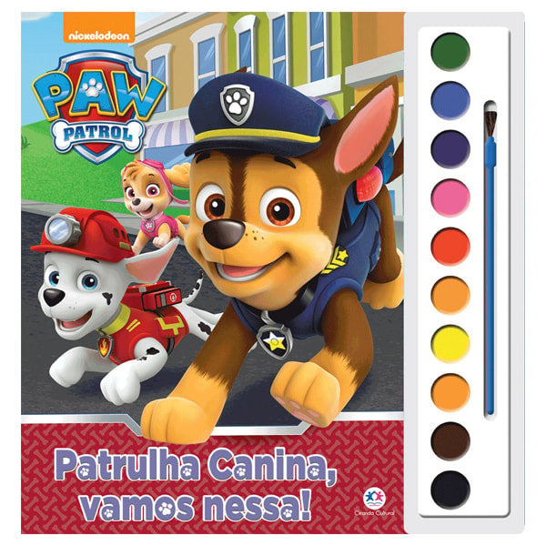 Livro de colorir com aquarela "Patrulha Canina, Vamos Nessa!" com capa ilustrada dos personagens. — Plenitude