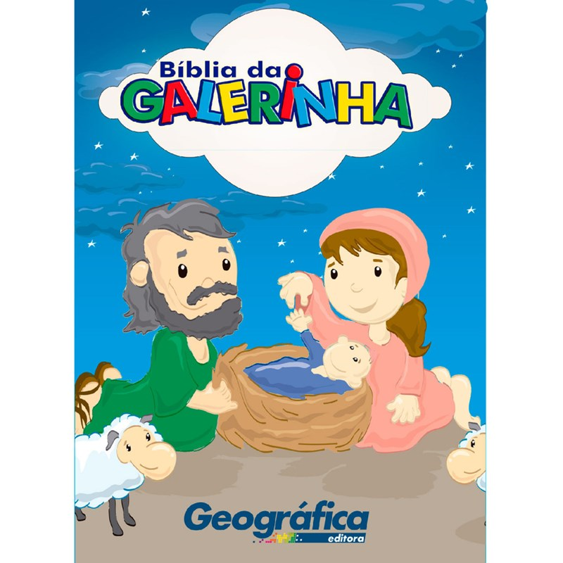 Capa da Bíblia da Galerinha, brochura, colorida, com ilustração de Maria, José e o menino Jesus na manjedoura, com ovelhas — Plenitude