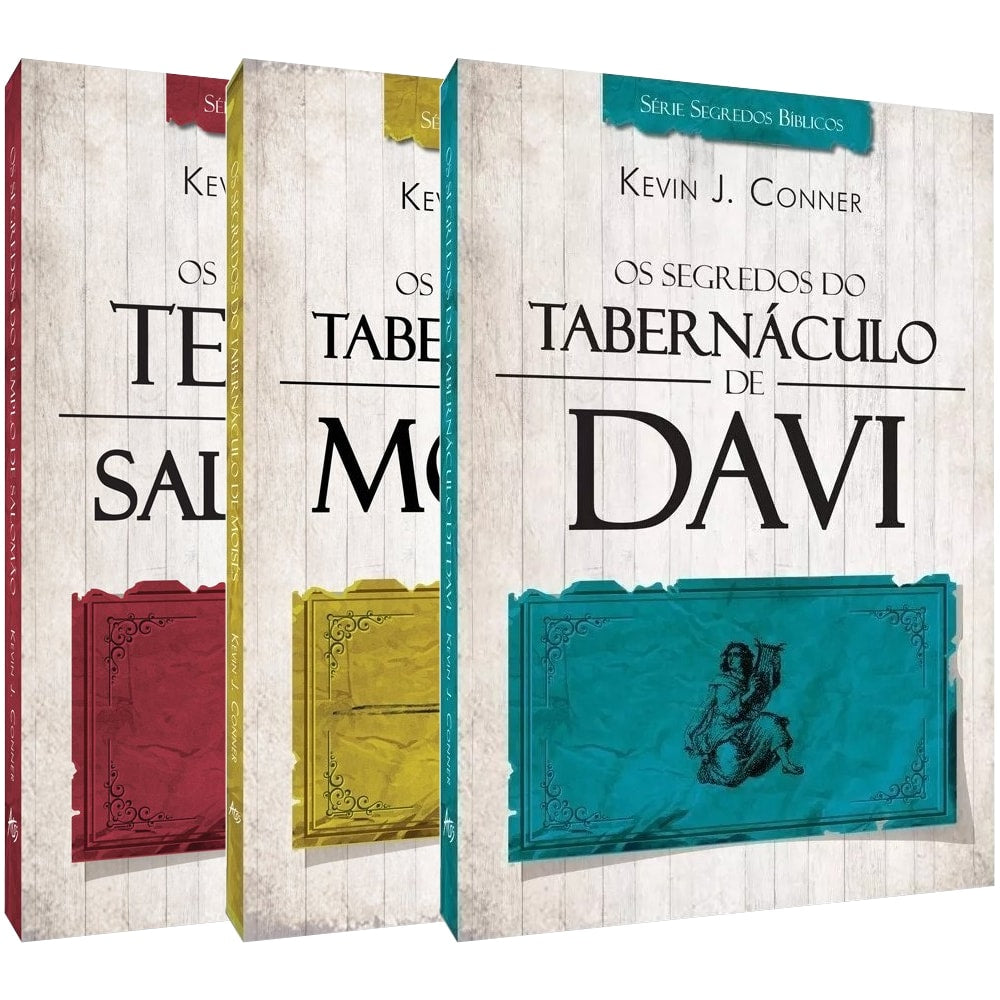 Kit de 3 livros da Série Segredos Bíblicos, de Kevin J. Conner. Capas com textura de madeira e detalhes coloridos. — Plenitude