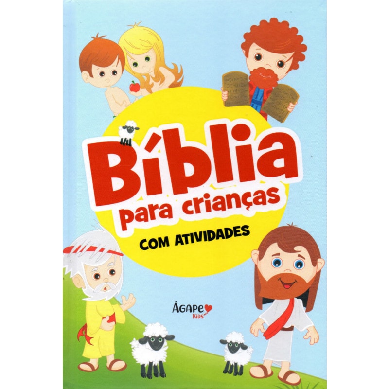 Livro Bíblia Para Crianças com Atividades, capa azul clara com personagens de desenho animado. — Plenitude