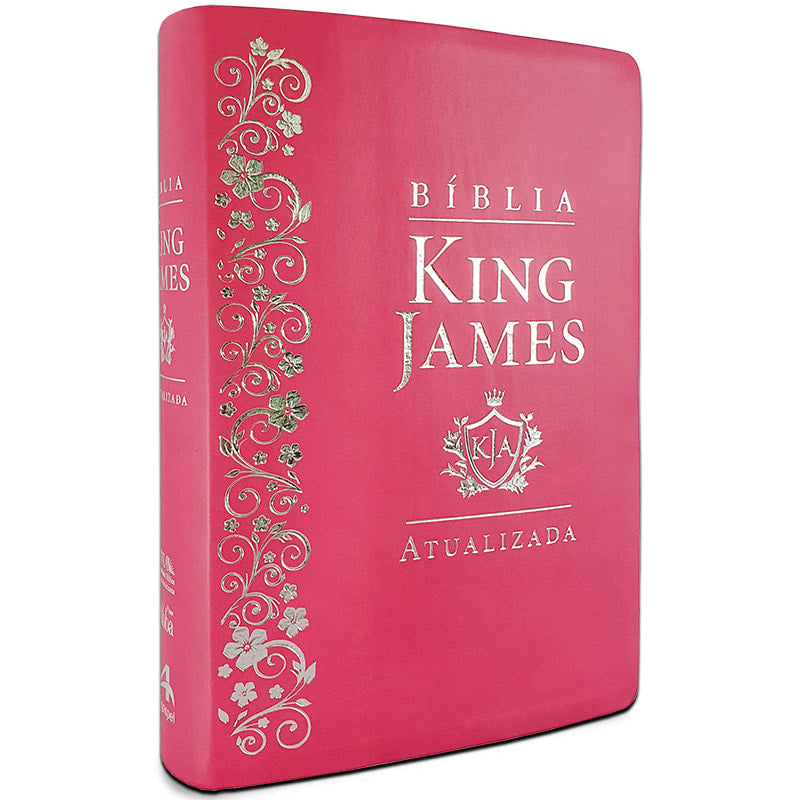Bíblia King James Atualizada (KJA) pink, capa dura com detalhes florais prateados. — Plenitude