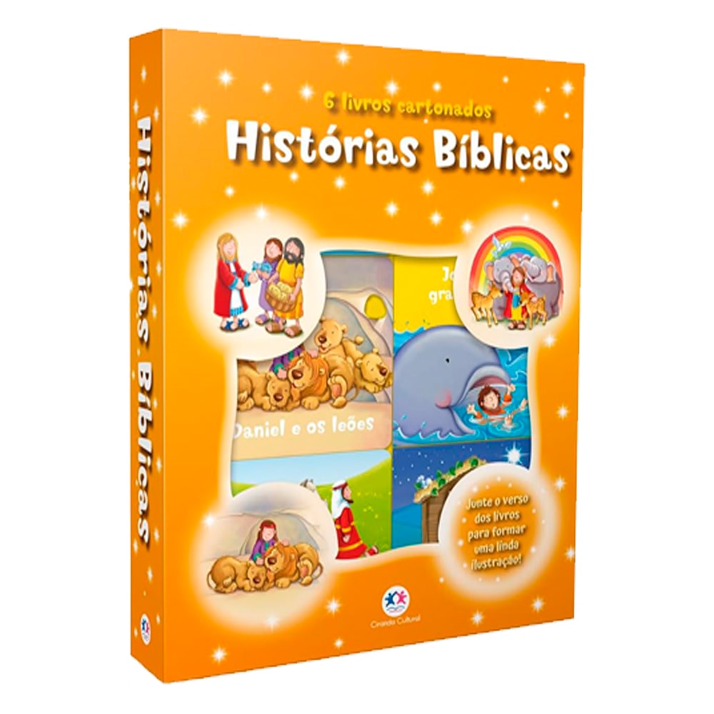 Kit 6 Livros Cartonados Histórias Bíblicas, caixa laranja com imagens de histórias bíblicas. — Plenitude