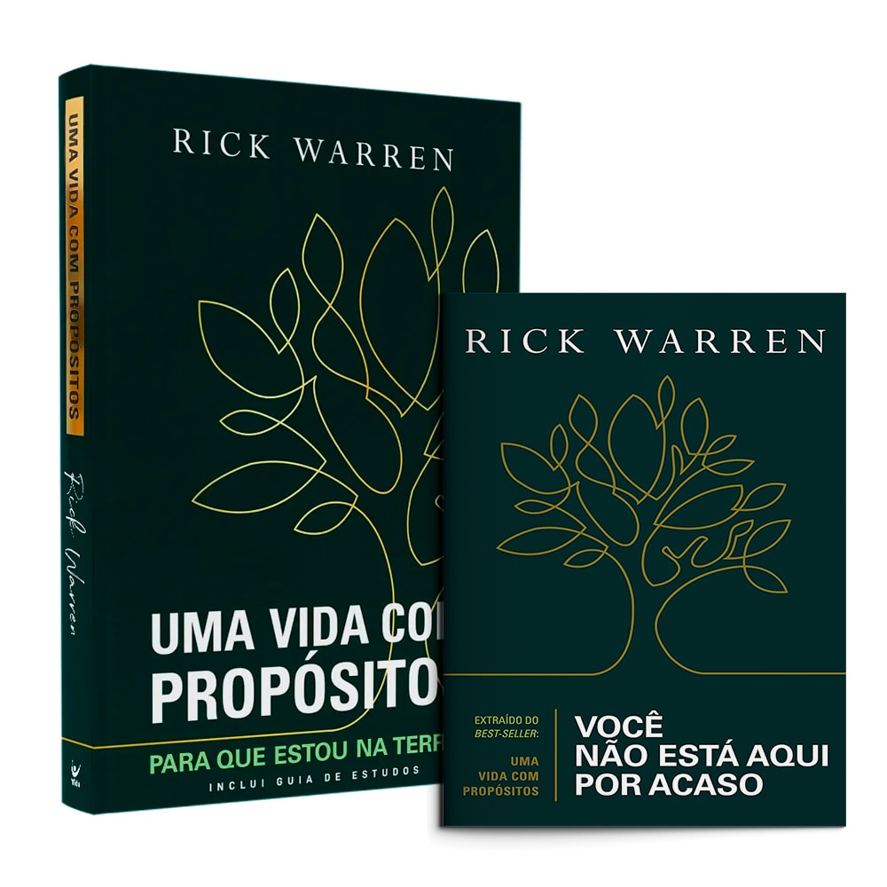 Kit de 2 livros Uma Vida Com Propósitos, de Rick Warren. Capas em verde escuro com ilustração de árvore dourada. — Plenitude
