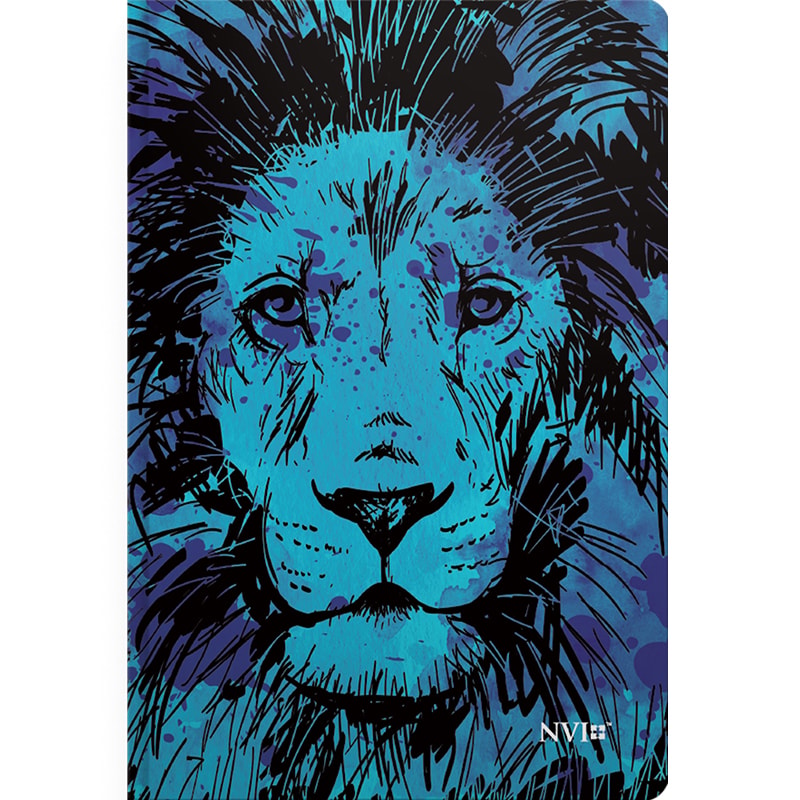 Bíblia NVI Leão Azul, capa flexível com ilustração de leão em tons de azul e preto, respingos de tinta. — Plenitude