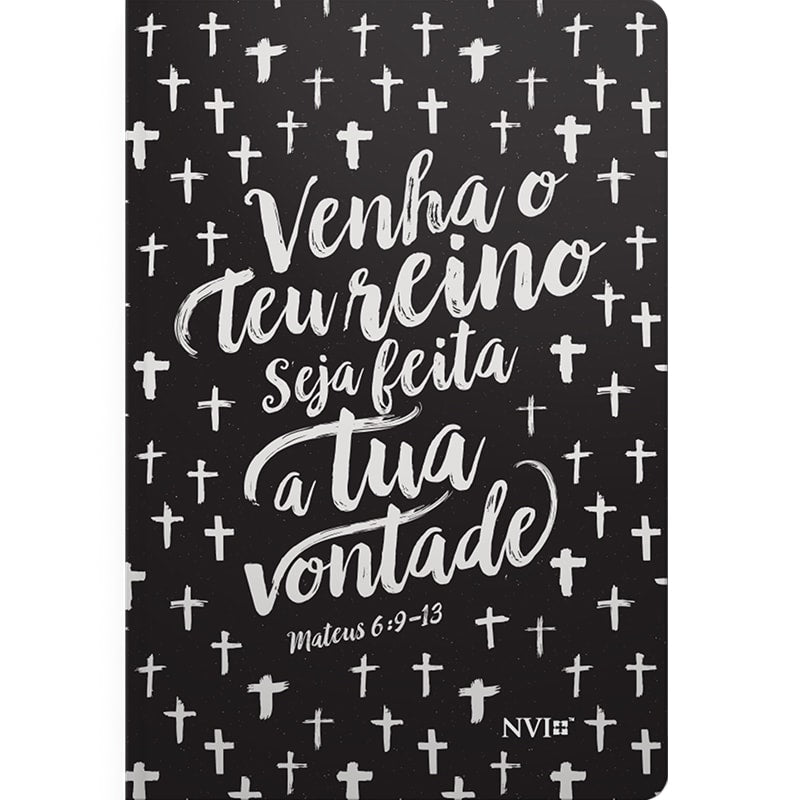 Capa de Bíblia Teu Reino NVI preta com cruzes brancas e frase "Venha o Teu Reino, seja feita a Tua vontade" — Plenitude