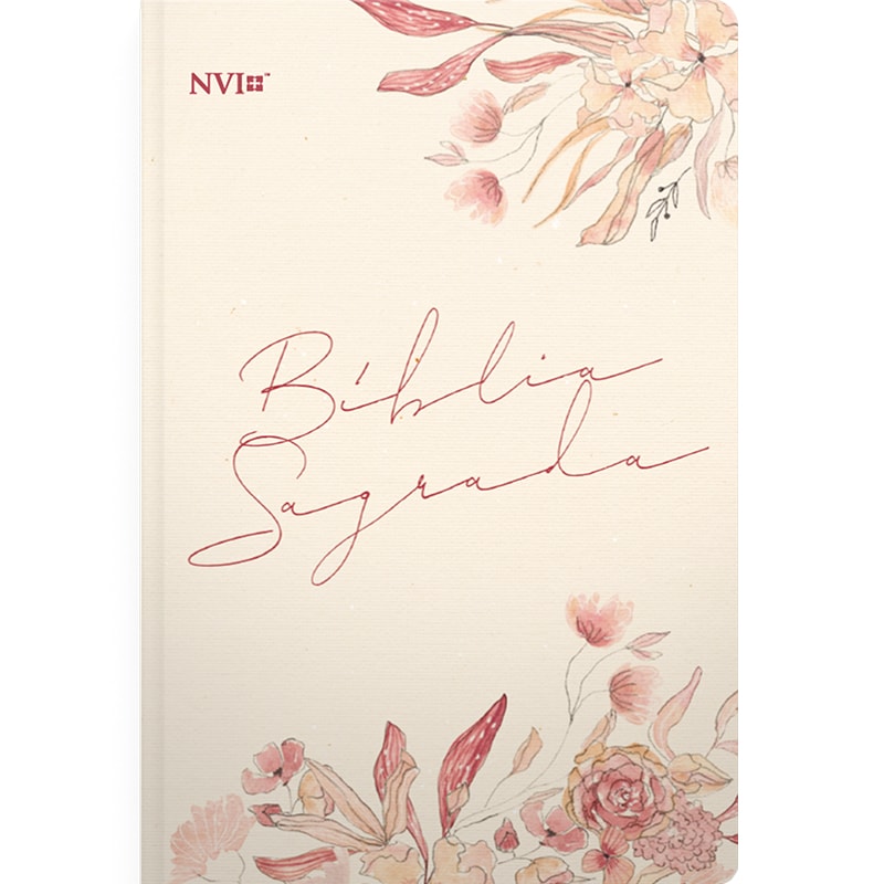 Bíblia Sagrada NVI, capa flexível creme com estampa floral em tons de rosa e salmão, escrita "Bíblia Sagrada" em caligrafia — Plenitude