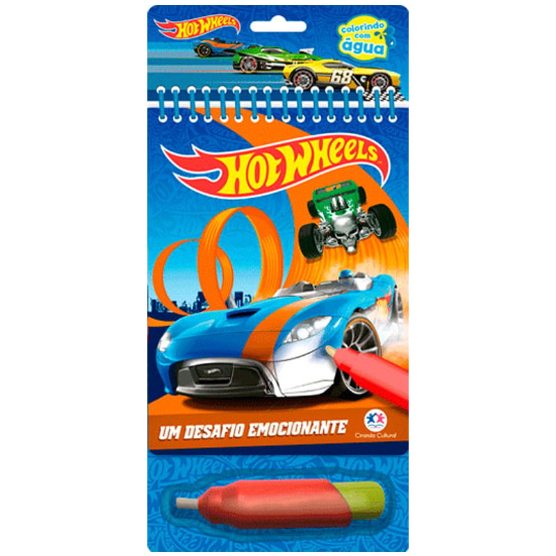 Livro Hot Wheels Um desafio emocionante Colorindo com Água, capa com carros Hot Wheels e caneta de água. — Plenitude