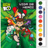 Livro com Aquarela Ben 10 Vida de Herói. Capa verde com personagens e paleta de tintas. — Plenitude