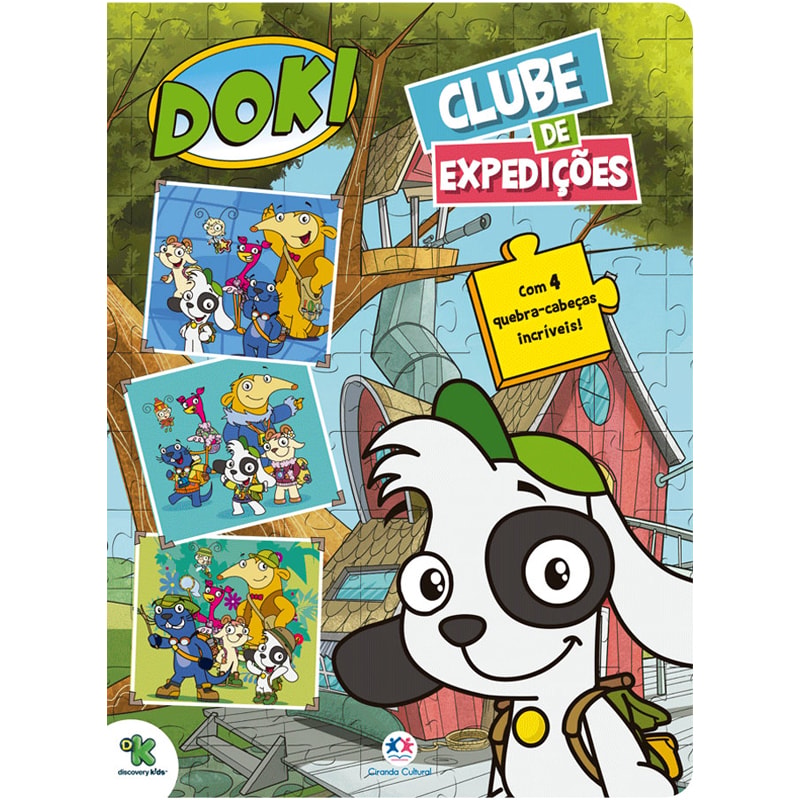 Livro Doki Clube de Expedições Quebra-cabeça, capa com Doki e amigos e indicação de 4 quebra-cabeças — Plenitude