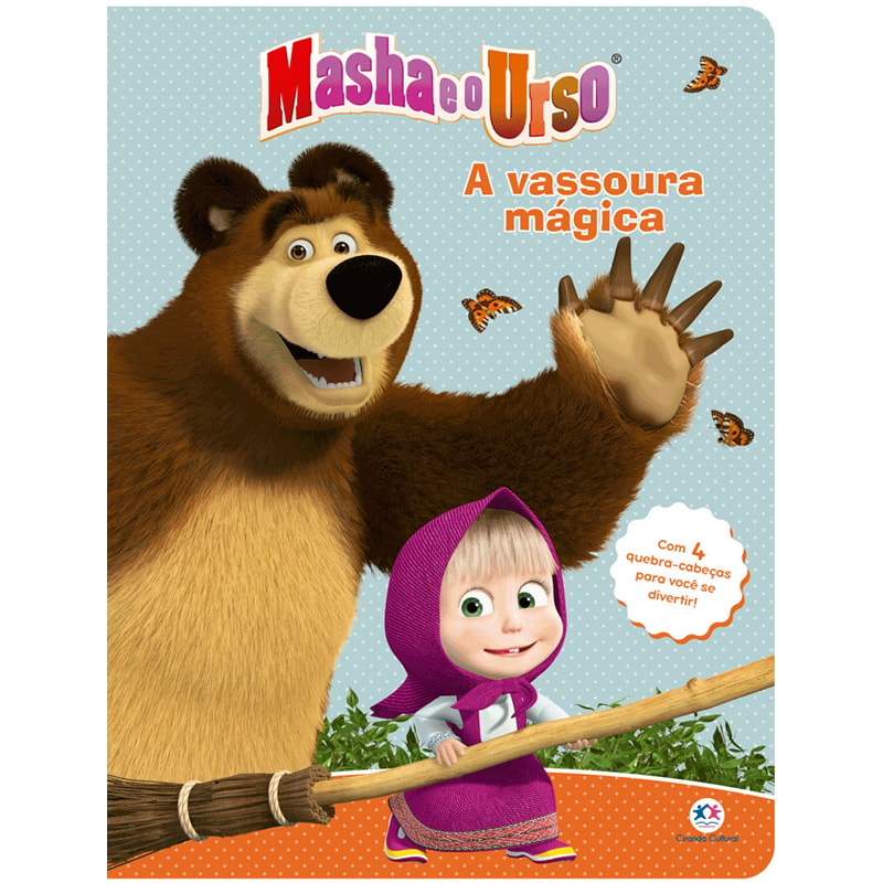 Livro de quebra-cabeça Masha e o Urso, capa com Masha e o Urso, texto "A Vassoura Mágica" e "Com 4 quebra-cabeças" — Plenitude