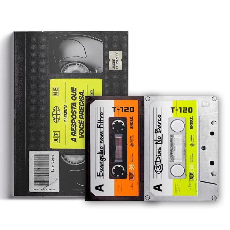 Kit de Livros André Fernandes: Livro preto estilo VHS "A Resposta que Você Precisa" e duas fitas cassete. — Plenitude