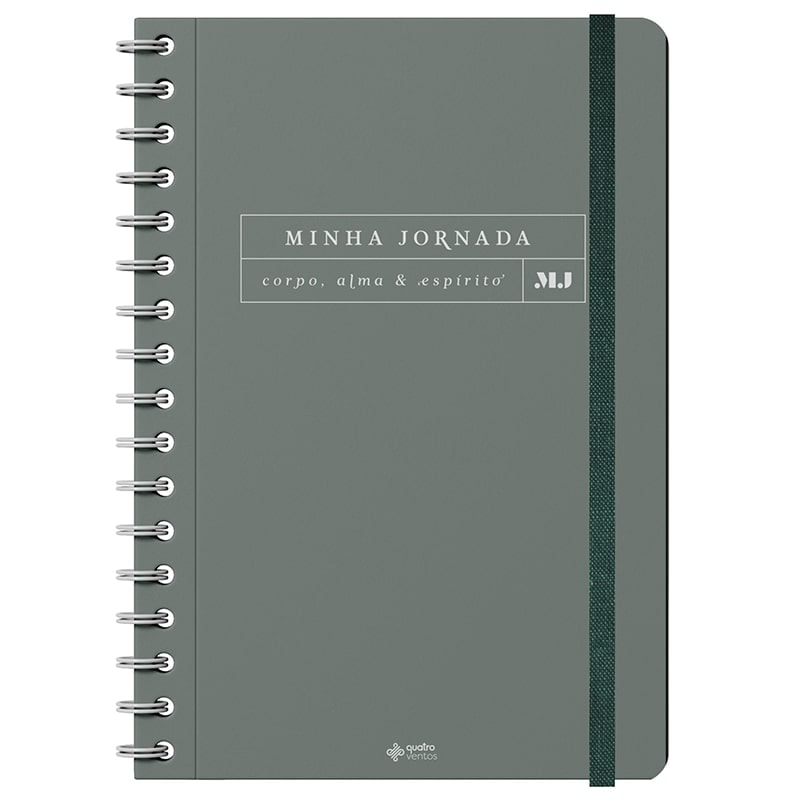 Planner Minha Jornada Minimalista, capa cinza com espiral e elástico, texto "corpo, alma & espírito" — Plenitude