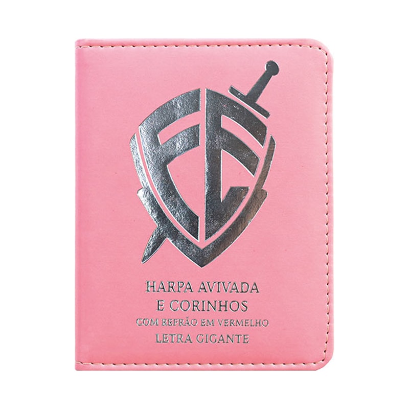 Harpa Avivada e Corinhos, letra gigante, capa rosa com escudo e espada prateados. — Plenitude