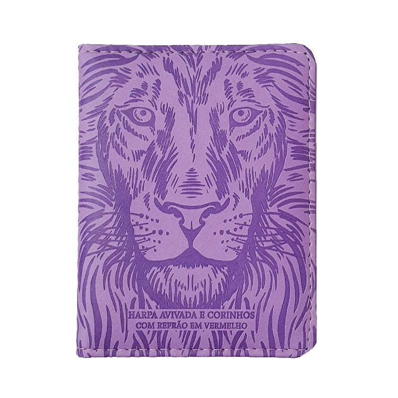 Harpa Avivada e Corinhos, letra gigante, capa lilás com desenho de rosto de leão. — Plenitude