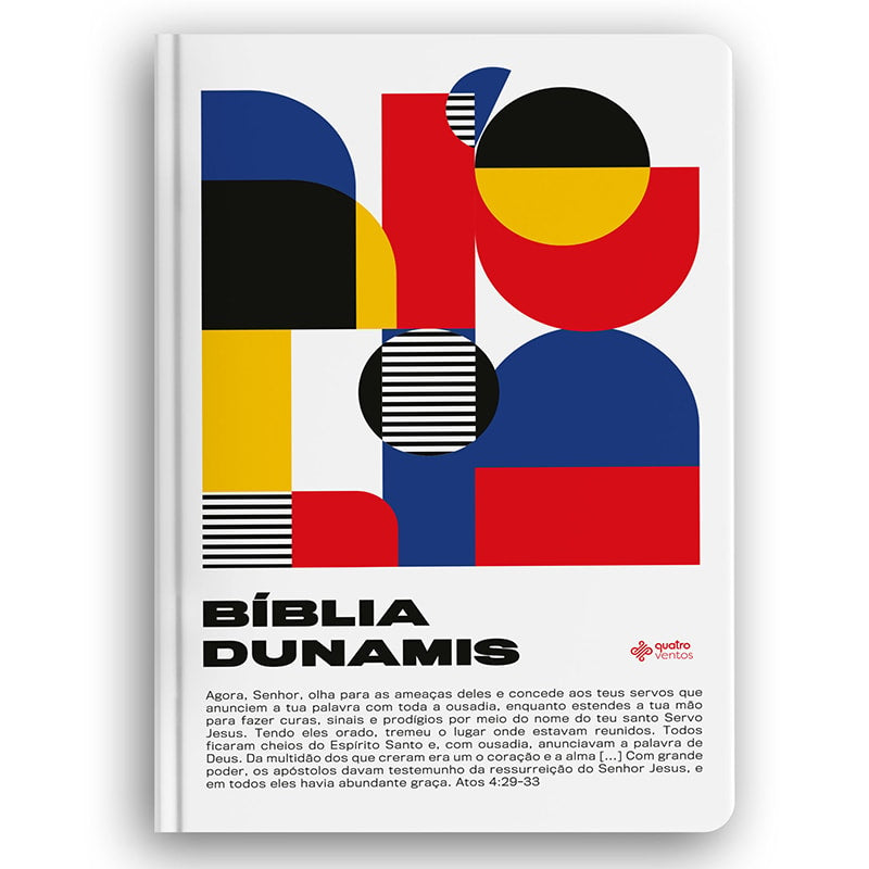 Bíblia Dunamis Geométrica, capa dura soft touch com design abstrato colorido e texto de Atos 4:29-33. — Plenitude
