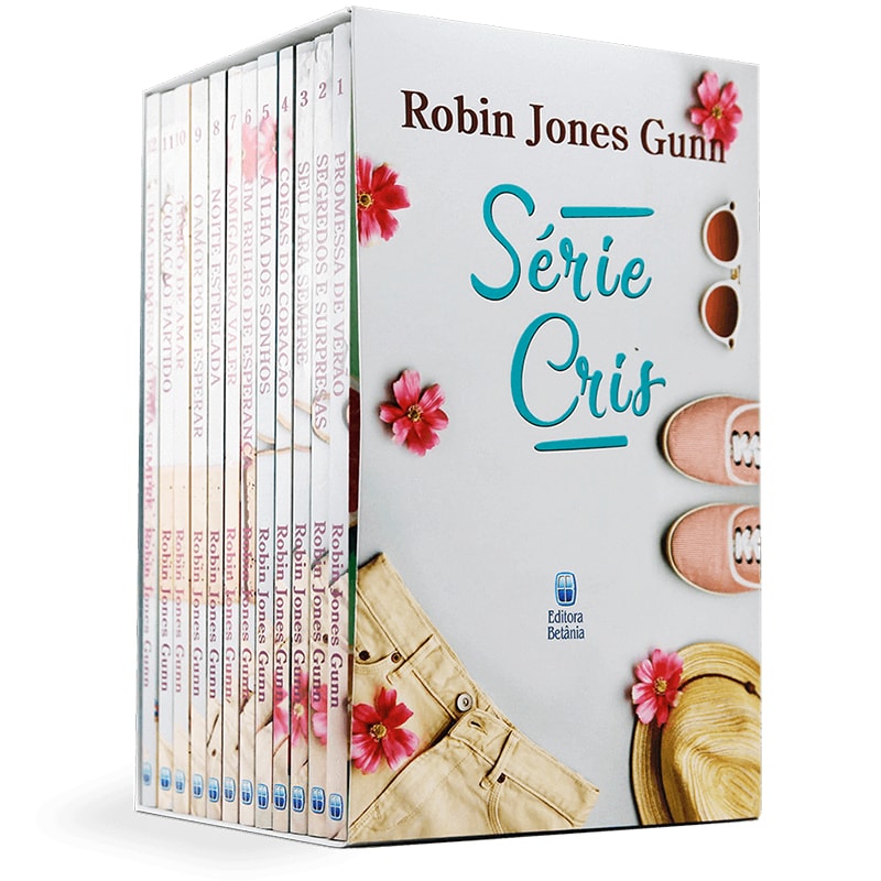 Box de livros 'Série Cris - Vol. 1 ao 12' de Robin Jones Gunn, capa branca com flores e itens femininos. — Plenitude
