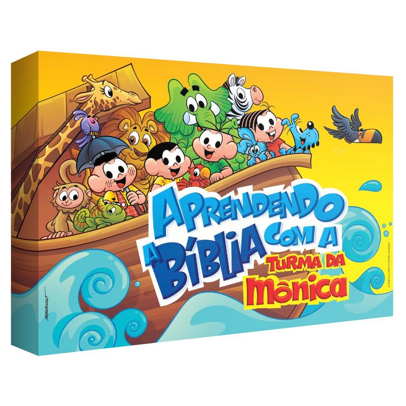 Jogo de Tabuleiro Aprendendo a Bíblia com a Turma da Mônica, caixa amarela com personagens na arca. — Plenitude