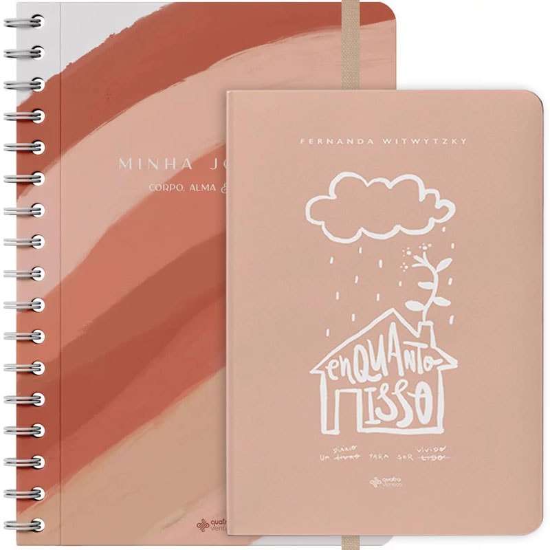 Kit Planner Abstrata + "Enquanto Isso" de Fernanda Witwytzky, capas rosa e salmão. — Plenitude