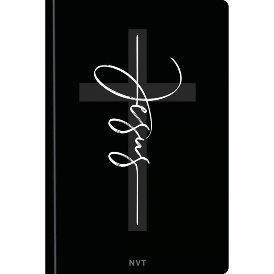 Bíblia Sagrada Jesus Preta NVT, capa dura soft-touch, com cruz e escrita "Jesus" em branco. — Plenitude.
