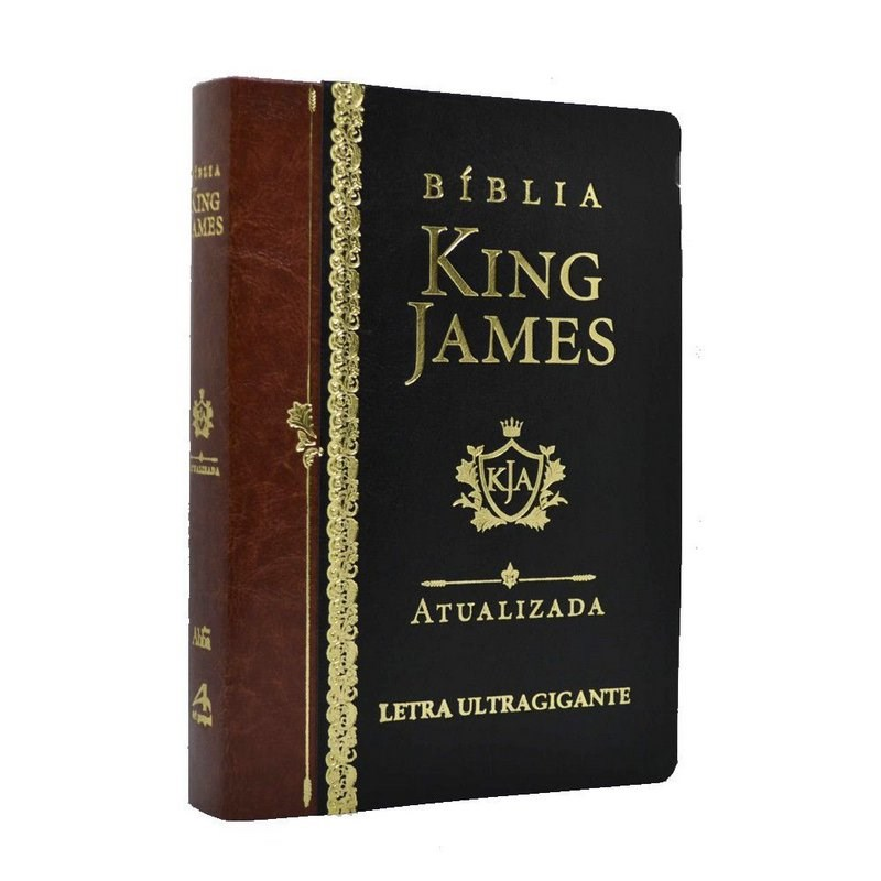 Bíblia King James Atualizada (KJA) com capa preta e marrom, detalhes dourados e letra ultragigante. — Plenitude