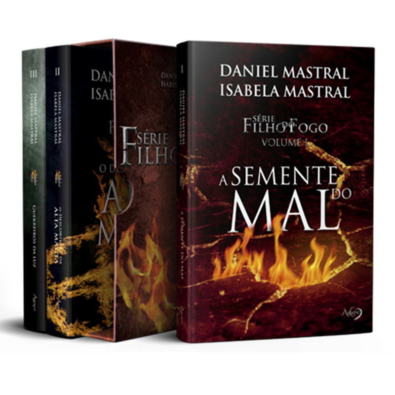 Box de livros Filho do Fogo 1 (Volumes I, II e III) de Daniel e Isabela Mastral, capa preta com chamas. — Plenitude