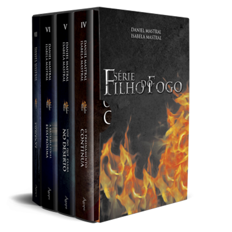 Box de livros Filho do Fogo 2 (Volumes IV, V, VI e VII) de Daniel e Isabela Mastral, capa preta com chamas. — Plenitude