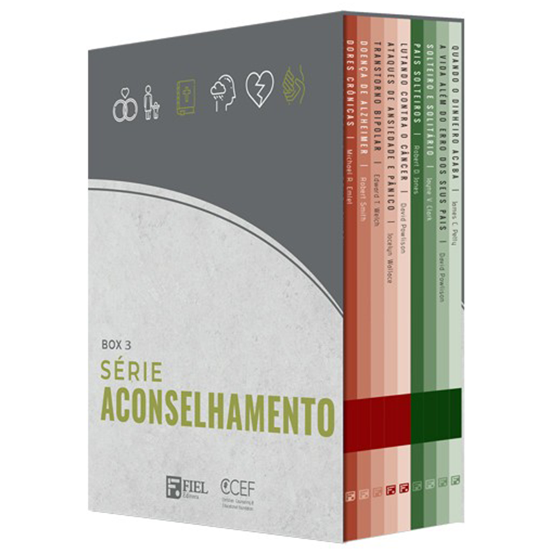 Box 3 da Série Aconselhamento (Nº 19 ao Nº 27) com diversos autores, capa cinza com títulos coloridos. — Plenitude
