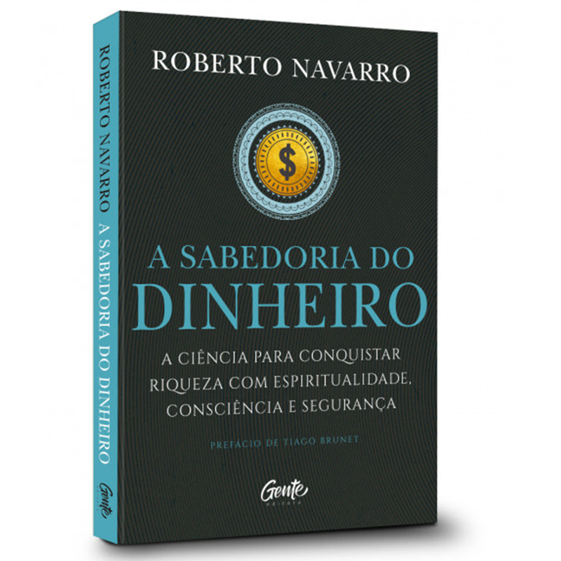 Livro de capa dura azul-marinho com título "A Sabedoria do Dinheiro" em dourado e branco, com cifrão. — Plenitude