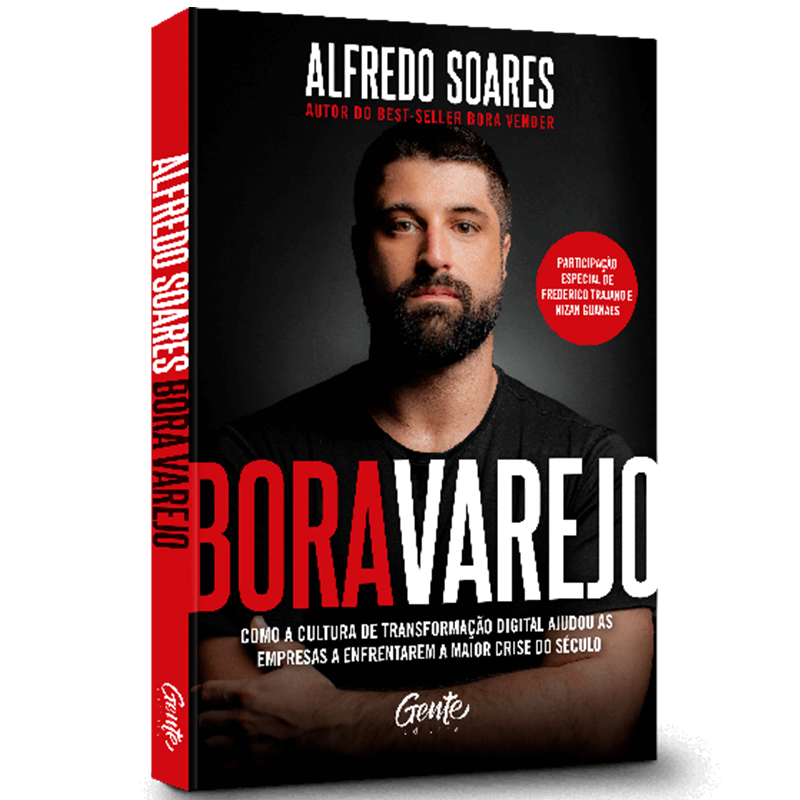 Livro Bora Varejo de Alfredo Soares, capa preta com foto do autor e letras vermelhas. — Plenitude