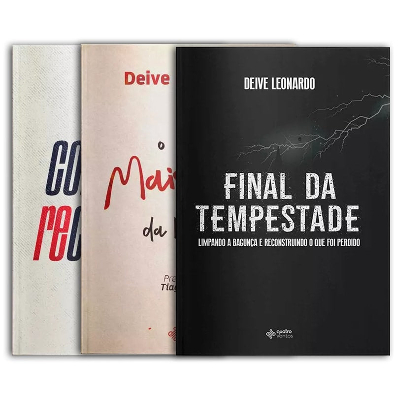 Kit 3 Livros Deive Leonardo, capas com títulos 'Final da Tempestade', 'Maior' e 'Coragem'. — Plenitude