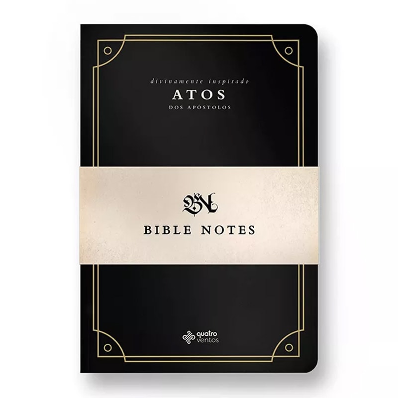 Livro BIBLE NOTES Atos dos Apóstolos, capa preta com detalhes dourados e faixa bege. — Plenitude