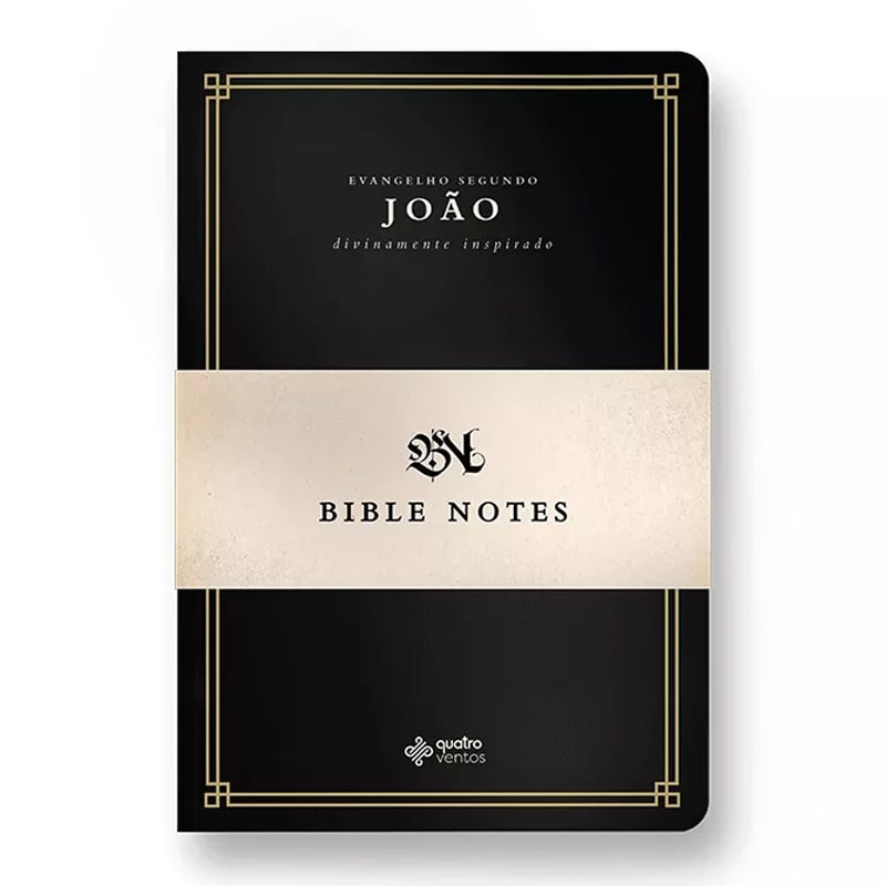 Livro BIBLE NOTES Evangelho de João, capa preta com detalhes dourados e faixa bege. — Plenitude