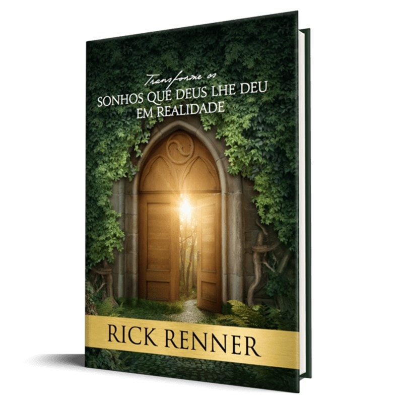 Capa do livro Transforme os sonhos que Deus lhe deu em realidade, com uma porta de madeira em um jardim. — Plenitude